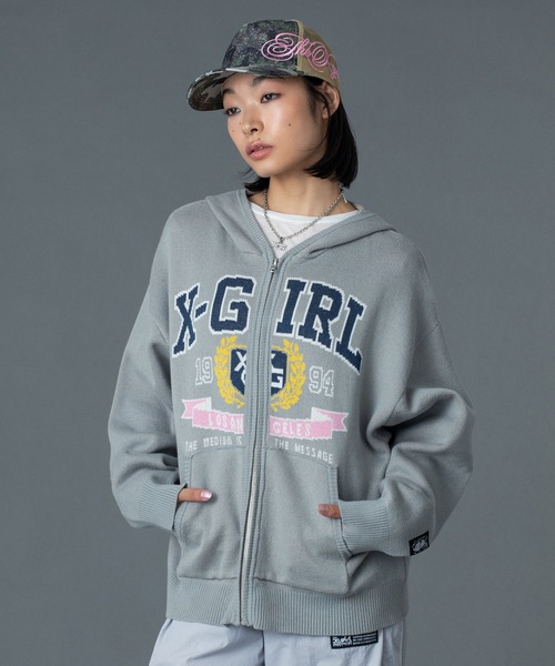 X-girl(エックスガール)の「COLLEGE LOGO JACQUARD ZIP UP KNIT HOODIE(ニット/セーター・レディース・ブラック/オリーブ/ライトグレー・ONE SIZE)」の18枚目の写真