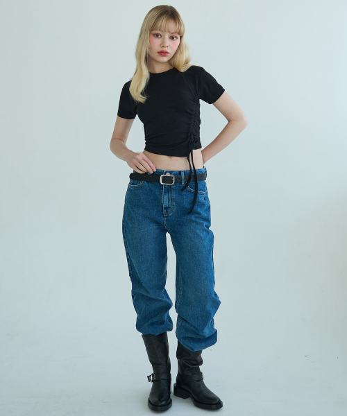 5OML(オーオーエムエル)の「シャーリングリボンクロップトップ(ブラック)(Tシャツ/カットソー・レディース・ブラック・LARGE/MEDIUM)」の4枚目の写真