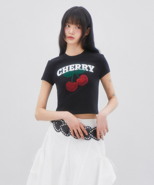 チェリーホットフィックスTシャツ プリント半袖Tシャツ ブラック