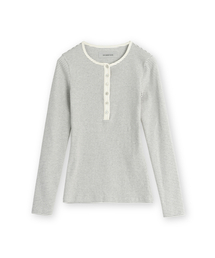 BROWNYARD（ブラウンヤード）の「W ヘンリーネックロングスリーブ、ライトグレーストライプ（Tシャツ/カットソー）」