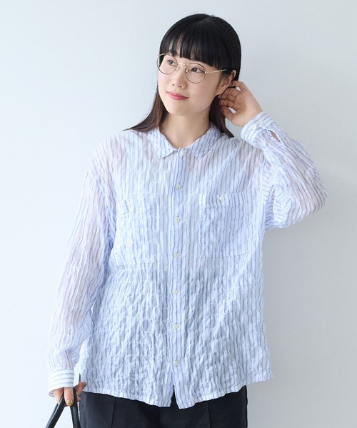 bulle de savon（ビュルデサボン）の「80/1 shirring stripe しかくシャツ（シャツ/ブラウス・レディース・ホワイト/イエロー・FREE）」の2枚目の写真