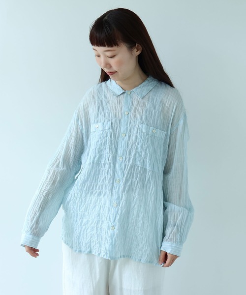 bulle de savon（ビュルデサボン）の「●80/1 shirring stripe しかくシャツ（シャツ/ブラウス・レディース・ホワイト/イエロー/サックスブルー・FREE）」の3枚目の写真