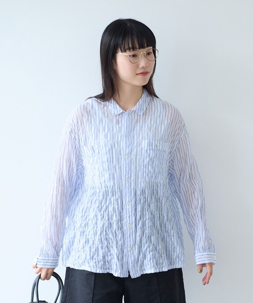 bulle de savon（ビュルデサボン）の「80/1 shirring stripe しかくシャツ（シャツ/ブラウス・レディース・ホワイト/イエロー・FREE）」の3枚目の写真