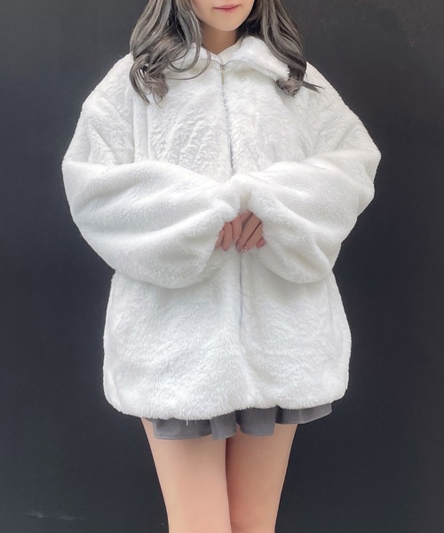 abc une face(アーベーセーアンフェイス)の「ウエスト絞りファージャケット(その他アウター・レディース・ピンク/ホワイト/ブラック・FREE)」の9枚目の写真