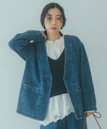 ノーカラージャケット（ブルー・ネイビー/青色系）ファッション通販