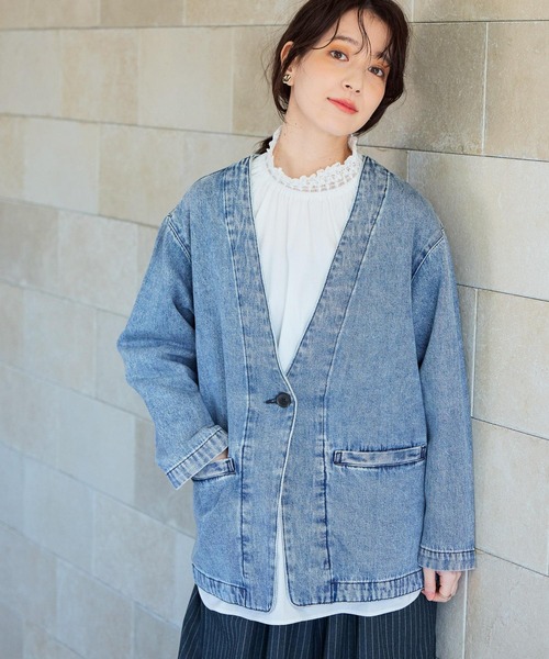 studio CLIP（スタディオクリップ）の「甘織り10オンスデニムノーカラージャケット《CLIP denim》（ノーカラージャケット・レディース・ライトブルー/ブルー系その他・FREE）」の3枚目の写真