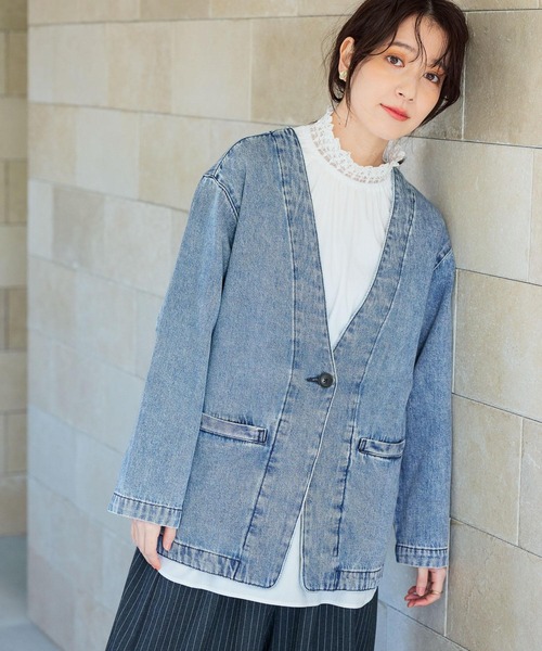 studio CLIP（スタディオクリップ）の「甘織り10オンスデニムノーカラージャケット《CLIP denim》（ノーカラージャケット・レディース・ライトブルー/ブルー系その他・FREE）」の4枚目の写真