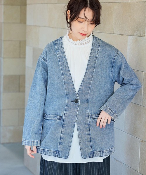 studio CLIP（スタディオクリップ）の「甘織り10オンスデニムノーカラージャケット《CLIP denim》（ノーカラージャケット・レディース・ライトブルー/ブルー系その他・FREE）」の5枚目の写真