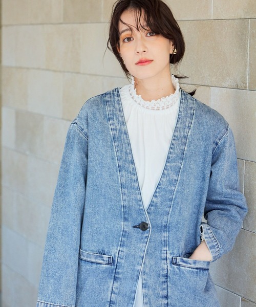 studio CLIP（スタディオクリップ）の「甘織り10オンスデニムノーカラージャケット《CLIP denim》（ノーカラージャケット・レディース・ライトブルー/ブルー系その他・FREE）」の6枚目の写真