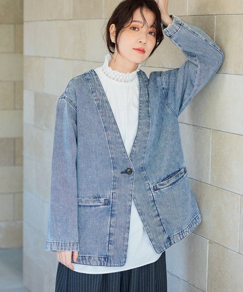 studio CLIP（スタディオクリップ）の「甘織り10オンスデニムノーカラージャケット《CLIP denim》（ノーカラージャケット・レディース・ライトブルー/ブルー系その他・FREE）」の7枚目の写真