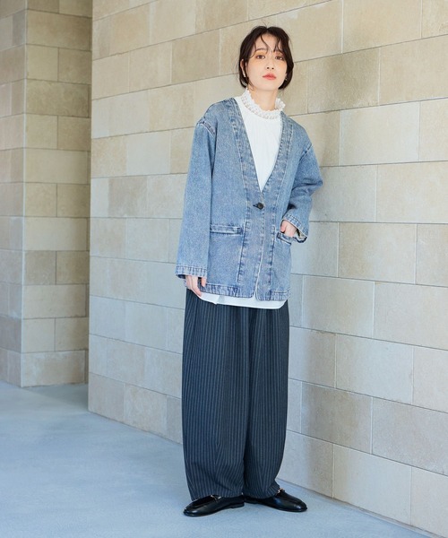 studio CLIP（スタディオクリップ）の「甘織り10オンスデニムノーカラージャケット《CLIP denim》（ノーカラージャケット・レディース・ライトブルー/ブルー系その他・FREE）」の9枚目の写真