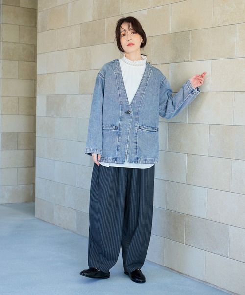 studio CLIP（スタディオクリップ）の「甘織り10オンスデニムノーカラージャケット《CLIP denim》（ノーカラージャケット・レディース・ライトブルー/ブルー系その他・FREE）」の11枚目の写真