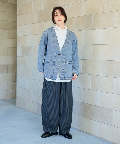 studio CLIP（スタディオクリップ）の「甘織り10オンスデニムノーカラージャケット《CLIP denim》（ノーカラージャケット・レディース・ライトブルー/ブルー系その他・FREE）」の12枚目の写真