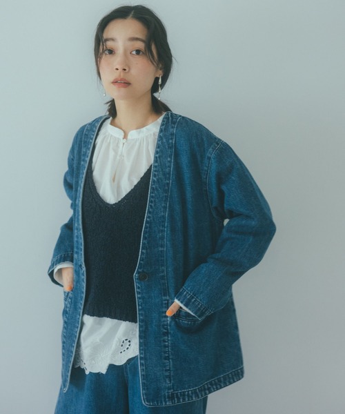 studio CLIP（スタディオクリップ）の「甘織り10オンスデニムノーカラージャケット《CLIP denim》（ノーカラージャケット・レディース・ライトブルー/ブルー系その他・FREE）」の21枚目の写真