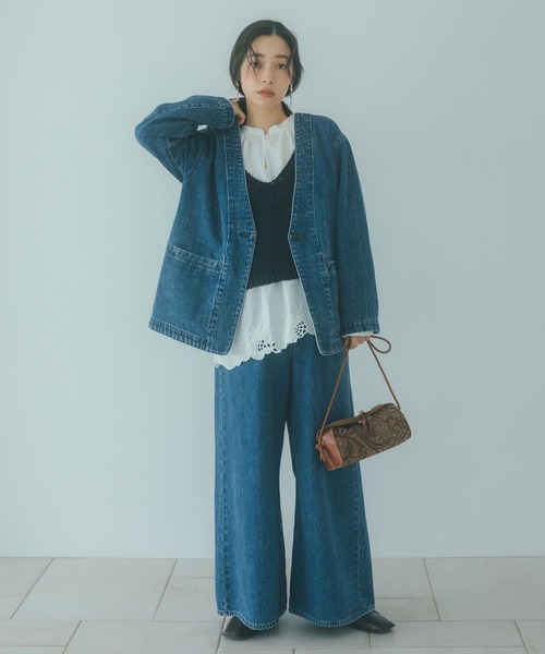 studio CLIP（スタディオクリップ）の「甘織り10オンスデニムノーカラージャケット《CLIP denim》（ノーカラージャケット・レディース・ライトブルー/ブルー系その他・FREE）」の22枚目の写真