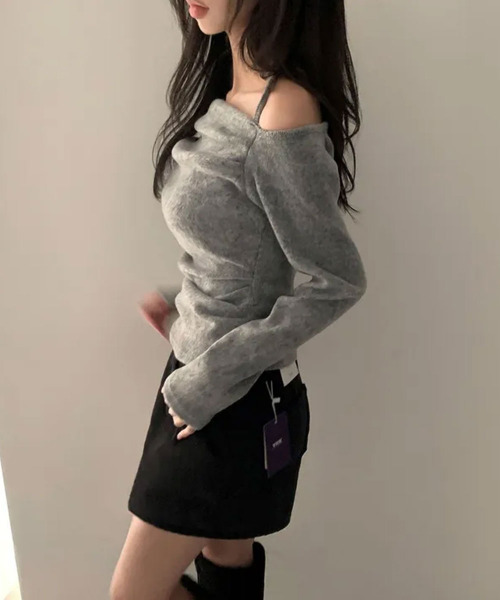 VIVID LADY(ビビッドレディー)の「ホルター紐付き ドレープ 起毛 オフショルトップス(Tシャツ/カットソー・レディース・グレー/アイボリー/ブラック/ワイン・FREE)」の12枚目の写真