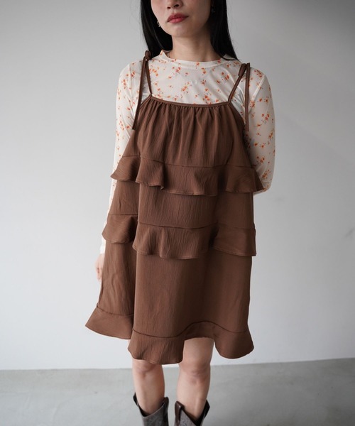 SANSeLF（サンセルフ）の「【SANSeLF】ティアードキャミワンピース saw26s008（ワンピース・レディース・ホワイト/ブラウン・FREE）」の3枚目の写真