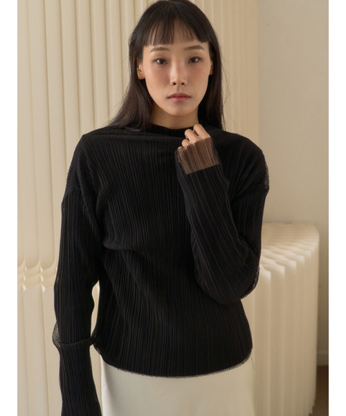 Sorry,Too Much Love(ソーリートゥーマッチラブ)の「Sheer Pleated Mesh High Neck Top_Black(その他トップス・レディース・その他・FREE)」の1枚目の写真