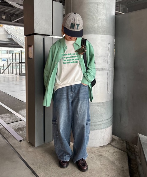 CIAOPANIC TYPY（チャオパニックティピー）の「【肌触り◎】ユニセックスシルクタッチ立体ストライプシャツ（シャツ/ブラウス・メンズ・ネイビー/グリーン/ライトグレー・MEDIUM/LARGE）」の7枚目の写真