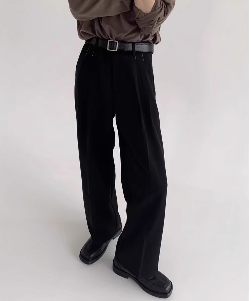 SHEPP（シープ）の「【26年春新作】ハイウエスト センタープレス ワイドスラックスタックトラウザーパンツ（スラックス・メンズ・ブラック/ホワイト・M/L）」の2枚目の写真