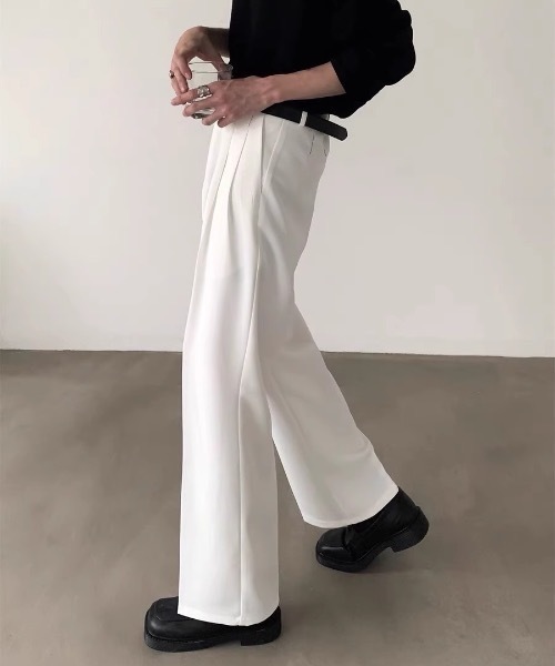 SHEPP（シープ）の「【26年春新作】ハイウエスト センタープレス ワイドスラックスタックトラウザーパンツ（スラックス・メンズ・ブラック/ホワイト・M/L）」の3枚目の写真