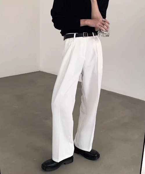 SHEPP（シープ）の「【26年春新作】ハイウエスト センタープレス ワイドスラックスタックトラウザーパンツ（スラックス・メンズ・ブラック/ホワイト・M/L）」の4枚目の写真