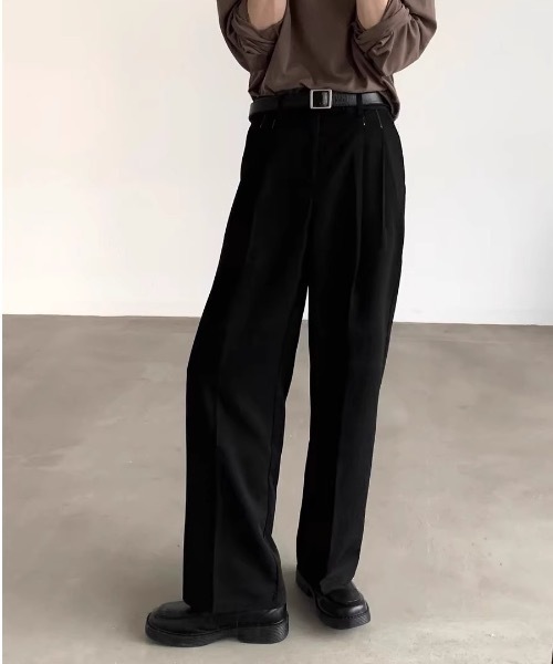 SHEPP（シープ）の「【26年春新作】ハイウエスト センタープレス ワイドスラックスタックトラウザーパンツ（スラックス・メンズ・ブラック/ホワイト・M/L）」の5枚目の写真