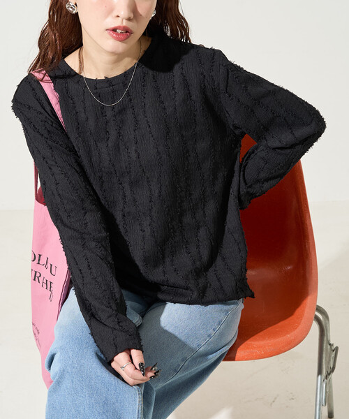 限定展開 フリンジ ストライプ ロングスリーブ トップス（Tシャツ