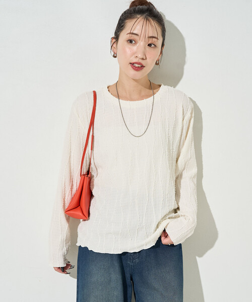 限定展開 フリンジ ストライプ ロングスリーブ トップス（Tシャツ