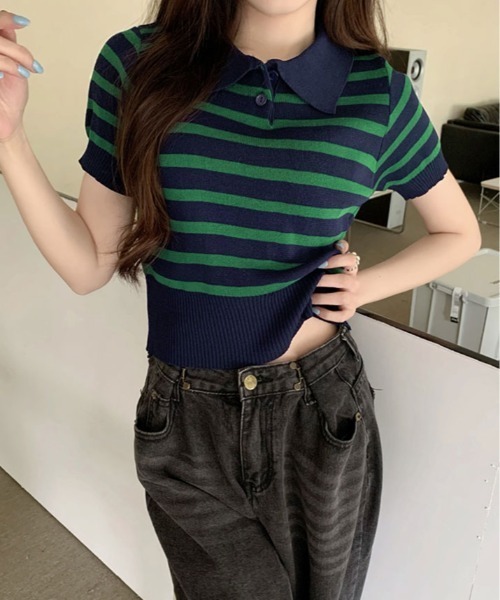 kirakiraShop(キラキラショップ)の「ボーダー サマー ポロニット(ニット/セーター・レディース・ネイビー/モカ/ライトベージュ/ブラック/ホワイト・FREE)」の5枚目の写真