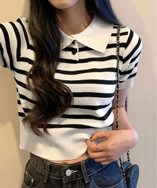 kirakiraShop(キラキラショップ)の「ボーダー サマー ポロニット(ニット/セーター・レディース・ネイビー/モカ/ライトベージュ/ブラック/ホワイト・FREE)」の2枚目の写真