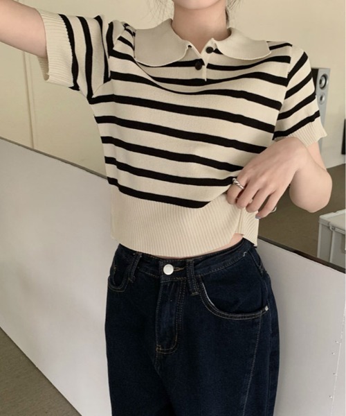 kirakiraShop(キラキラショップ)の「ボーダー サマー ポロニット(ニット/セーター・レディース・ネイビー/モカ/ライトベージュ/ブラック/ホワイト・FREE)」の1枚目の写真