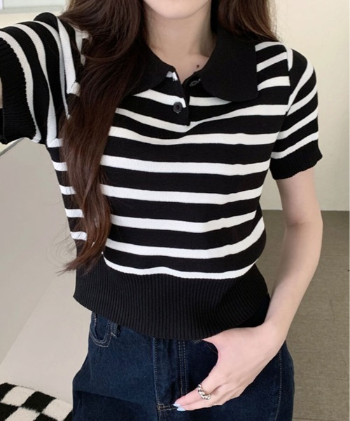 kirakiraShop(キラキラショップ)の「ボーダー サマー ポロニット(ニット/セーター・レディース・ネイビー/モカ/ライトベージュ/ブラック/ホワイト・FREE)」の3枚目の写真