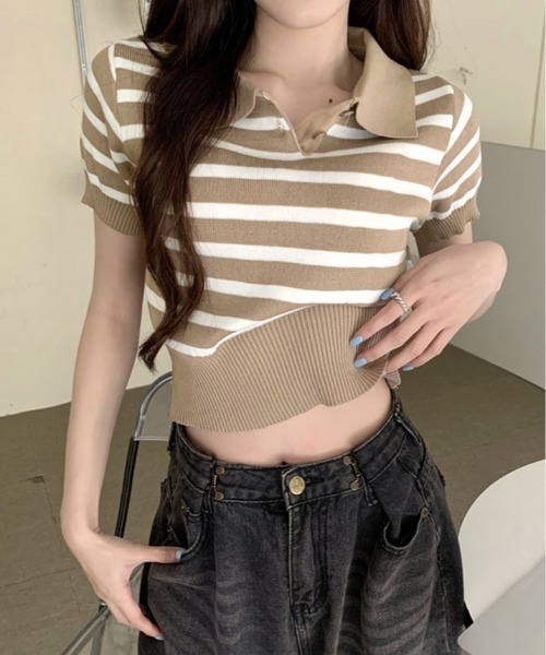 kirakiraShop(キラキラショップ)の「ボーダー サマー ポロニット(ニット/セーター・レディース・ネイビー/モカ/ライトベージュ/ブラック/ホワイト・FREE)」の4枚目の写真