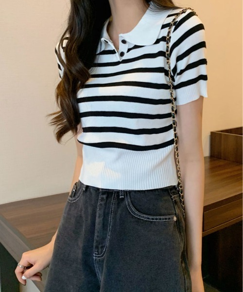 kirakiraShop(キラキラショップ)の「ボーダー サマー ポロニット(ニット/セーター・レディース・ネイビー/モカ/ライトベージュ/ブラック/ホワイト・FREE)」の7枚目の写真