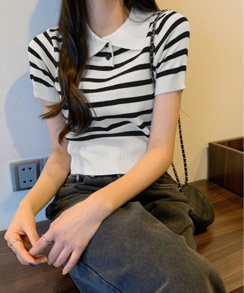 kirakiraShop(キラキラショップ)の「ボーダー サマー ポロニット(ニット/セーター・レディース・ネイビー/モカ/ライトベージュ/ブラック/ホワイト・FREE)」の8枚目の写真
