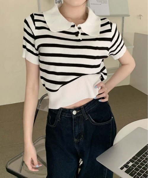 kirakiraShop(キラキラショップ)の「ボーダー サマー ポロニット(ニット/セーター・レディース・ネイビー/モカ/ライトベージュ/ブラック/ホワイト・FREE)」の9枚目の写真