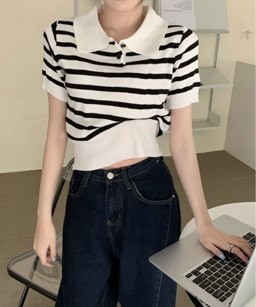 kirakiraShop(キラキラショップ)の「ボーダー サマー ポロニット(ニット/セーター・レディース・ネイビー/モカ/ライトベージュ/ブラック/ホワイト・FREE)」の11枚目の写真