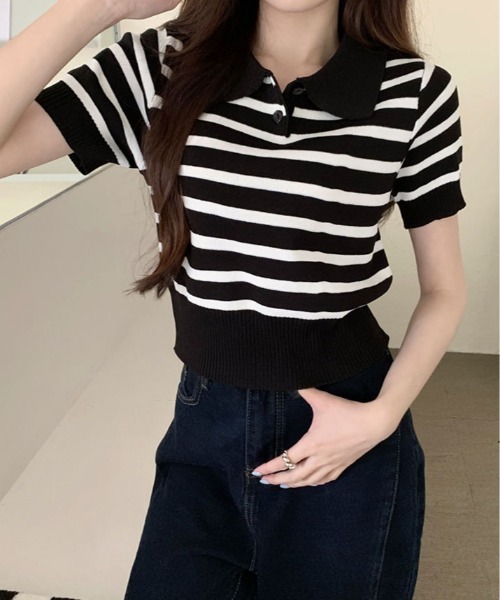 kirakiraShop(キラキラショップ)の「ボーダー サマー ポロニット(ニット/セーター・レディース・ネイビー/モカ/ライトベージュ/ブラック/ホワイト・FREE)」の15枚目の写真
