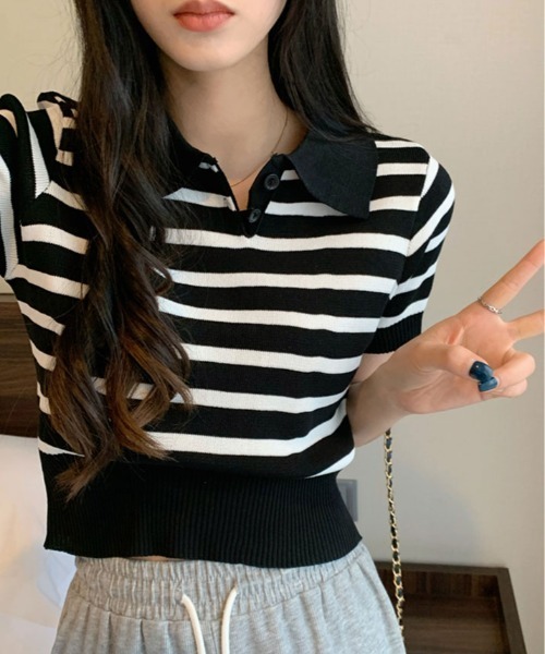 kirakiraShop(キラキラショップ)の「ボーダー サマー ポロニット(ニット/セーター・レディース・ネイビー/モカ/ライトベージュ/ブラック/ホワイト・FREE)」の17枚目の写真