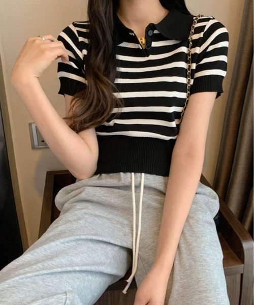 kirakiraShop(キラキラショップ)の「ボーダー サマー ポロニット(ニット/セーター・レディース・ネイビー/モカ/ライトベージュ/ブラック/ホワイト・FREE)」の19枚目の写真