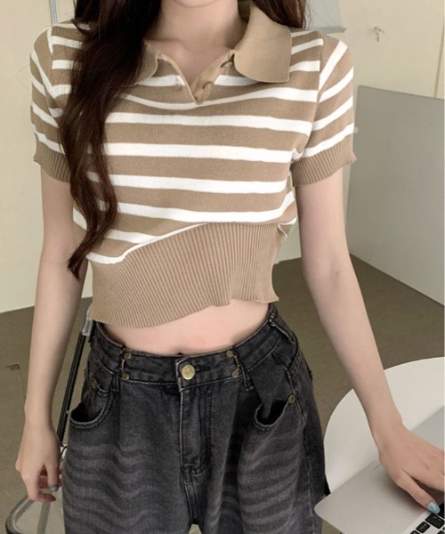 kirakiraShop(キラキラショップ)の「ボーダー サマー ポロニット(ニット/セーター・レディース・ネイビー/モカ/ライトベージュ/ブラック/ホワイト・FREE)」の20枚目の写真