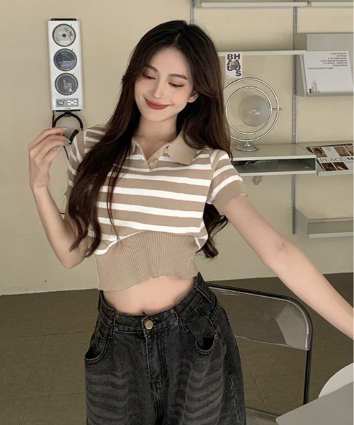 kirakiraShop(キラキラショップ)の「ボーダー サマー ポロニット(ニット/セーター・レディース・ネイビー/モカ/ライトベージュ/ブラック/ホワイト・FREE)」の22枚目の写真