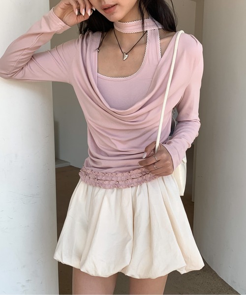 Siel（シエル）の「ネックタイアシメカットソー（Tシャツ/カットソー・レディース・グレー/ピンク/ダークグレー/ライトブルー・FREE）」の4枚目の写真