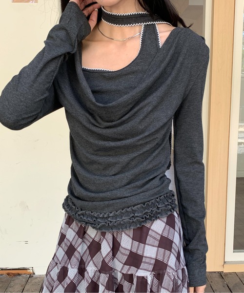 Siel（シエル）の「ネックタイアシメカットソー（Tシャツ/カットソー・レディース・グレー/ピンク/ダークグレー/ライトブルー・FREE）」の2枚目の写真