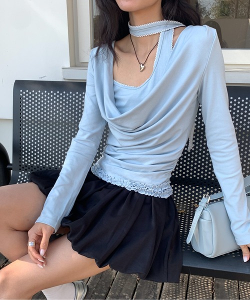 Siel（シエル）の「ネックタイアシメカットソー（Tシャツ/カットソー・レディース・グレー/ピンク/ダークグレー/ライトブルー・FREE）」の3枚目の写真
