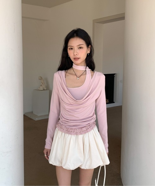 Siel（シエル）の「ネックタイアシメカットソー（Tシャツ/カットソー・レディース・グレー/ピンク/ダークグレー/ライトブルー・FREE）」の5枚目の写真