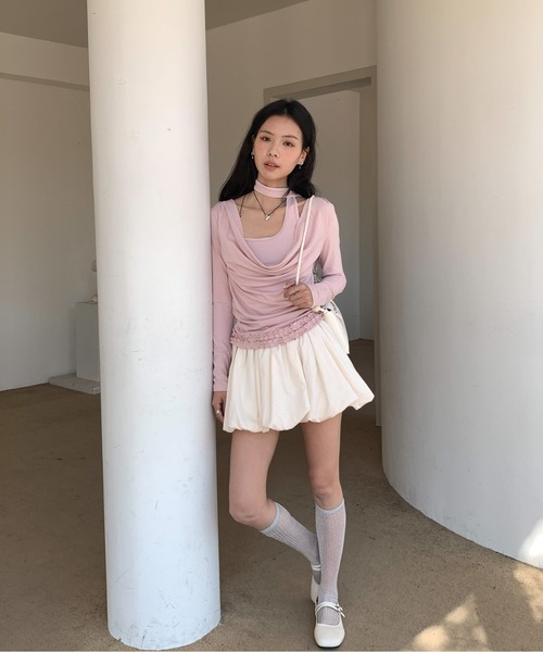 Siel（シエル）の「ネックタイアシメカットソー（Tシャツ/カットソー・レディース・グレー/ピンク/ダークグレー/ライトブルー・FREE）」の6枚目の写真