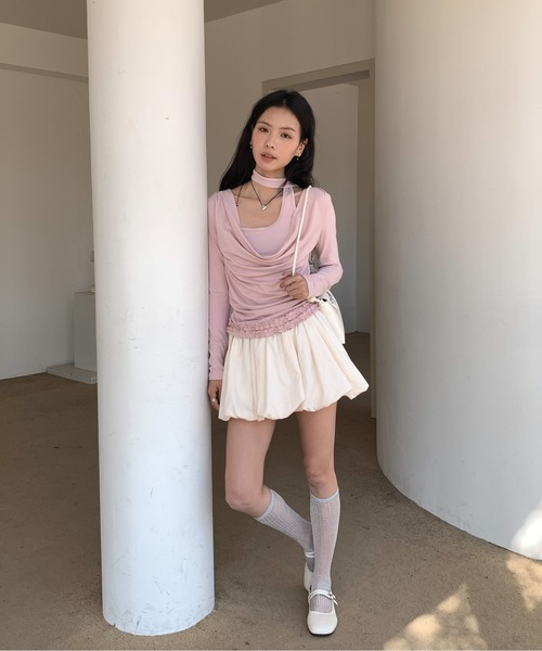 Siel（シエル）の「ネックタイアシメカットソー（Tシャツ/カットソー・レディース・グレー/ピンク/ダークグレー/ライトブルー・FREE）」の7枚目の写真