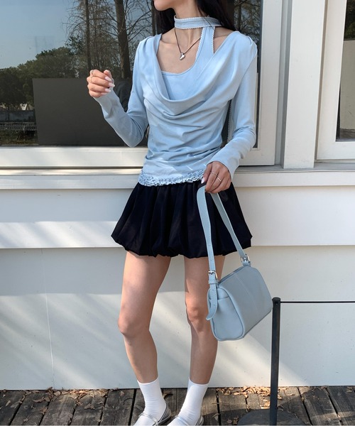 Siel（シエル）の「ネックタイアシメカットソー（Tシャツ/カットソー・レディース・グレー/ピンク/ダークグレー/ライトブルー・FREE）」の16枚目の写真